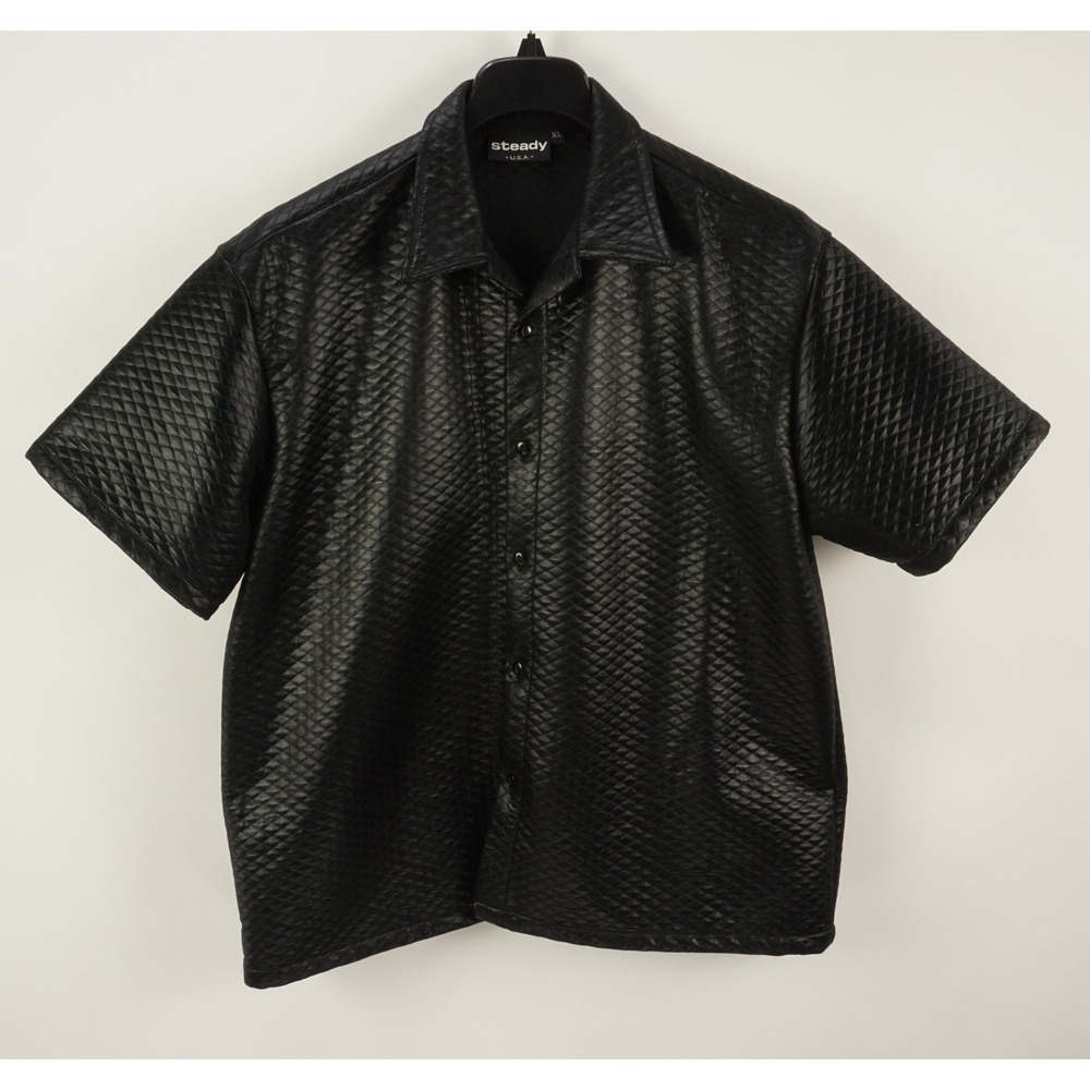 Vintage Steady USA Rockabilly Clubbing Shirt Men's XL Black Quilted Open Collar